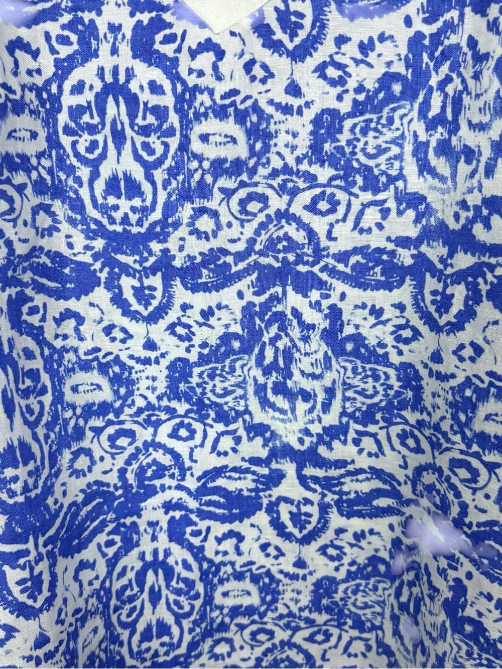 Kate Hill 100% Linen Blue White Print Split Neck Tunic Top L - Picture 7 of 7